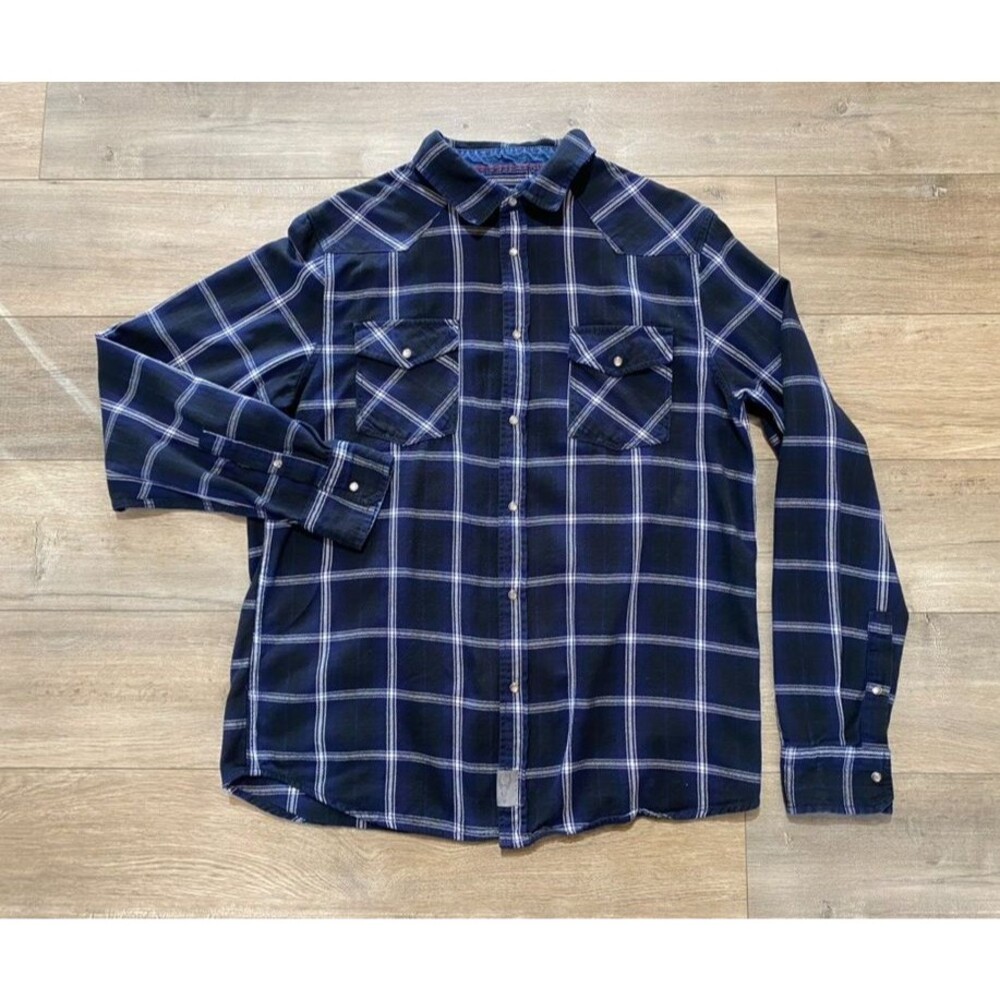 Badlands Smith Flannel Shirt Mens L Blue Plaid Pearl Snap Western Cowboy